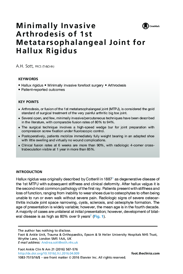 Minimally Invasive Arthrodesis of 1st Metatarsophalangeal Joint for Hallux Rigidus