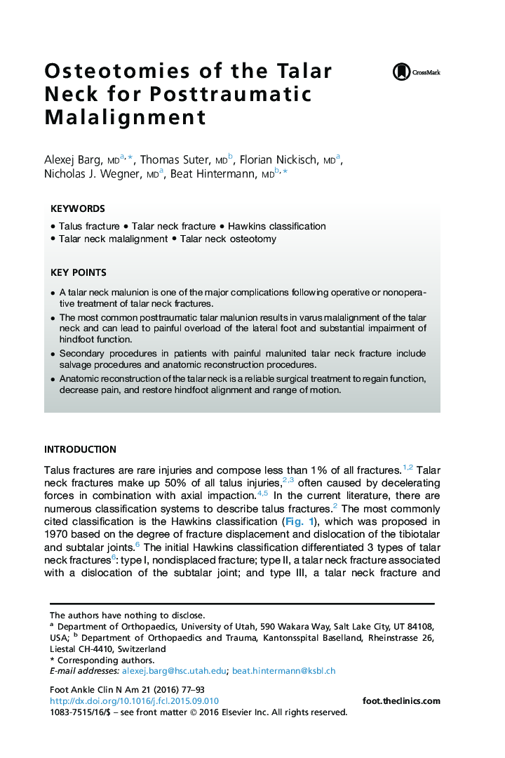 Osteotomies of the Talar Neck for Posttraumatic Malalignment