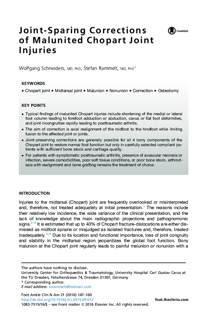 Joint-Sparing Corrections of Malunited Chopart Joint Injuries