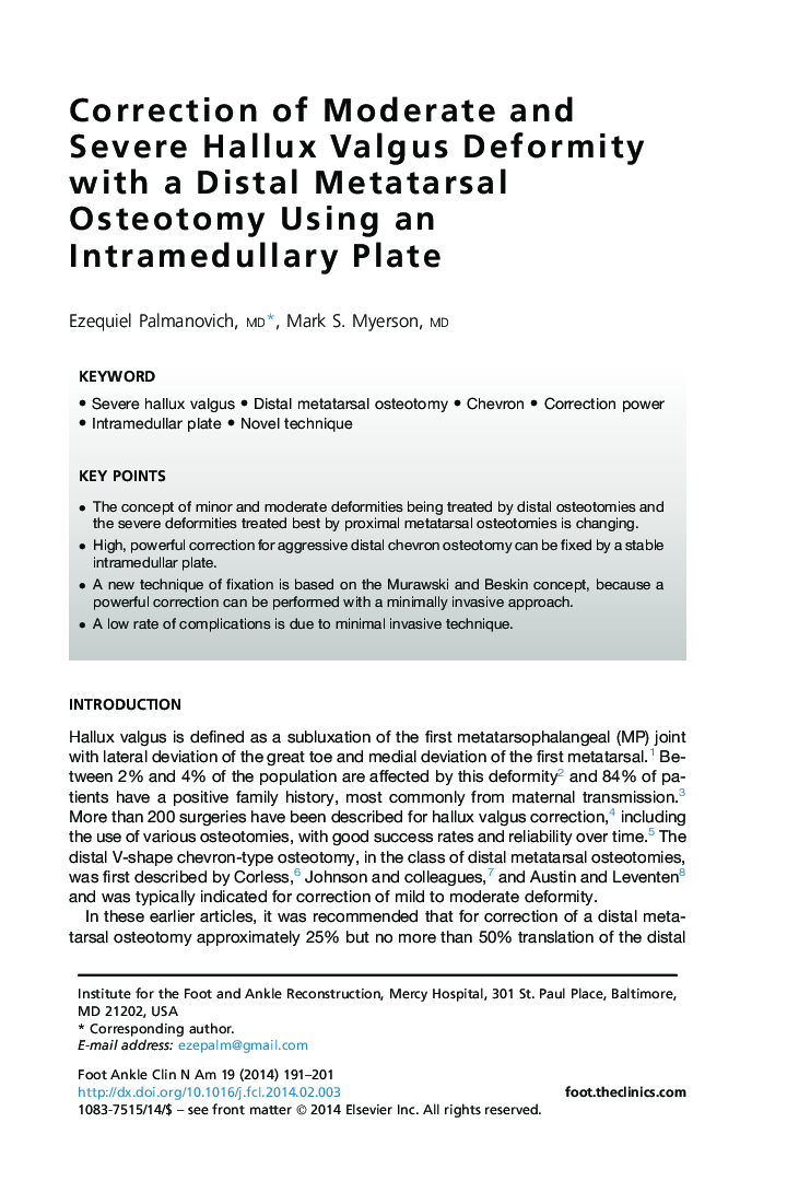 Correction of Moderate and Severe Hallux Valgus Deformity with a Distal Metatarsal Osteotomy Using an Intramedullary Plate