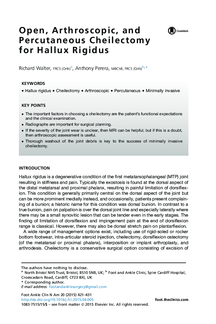 Open, Arthroscopic, and Percutaneous Cheilectomy for Hallux Rigidus