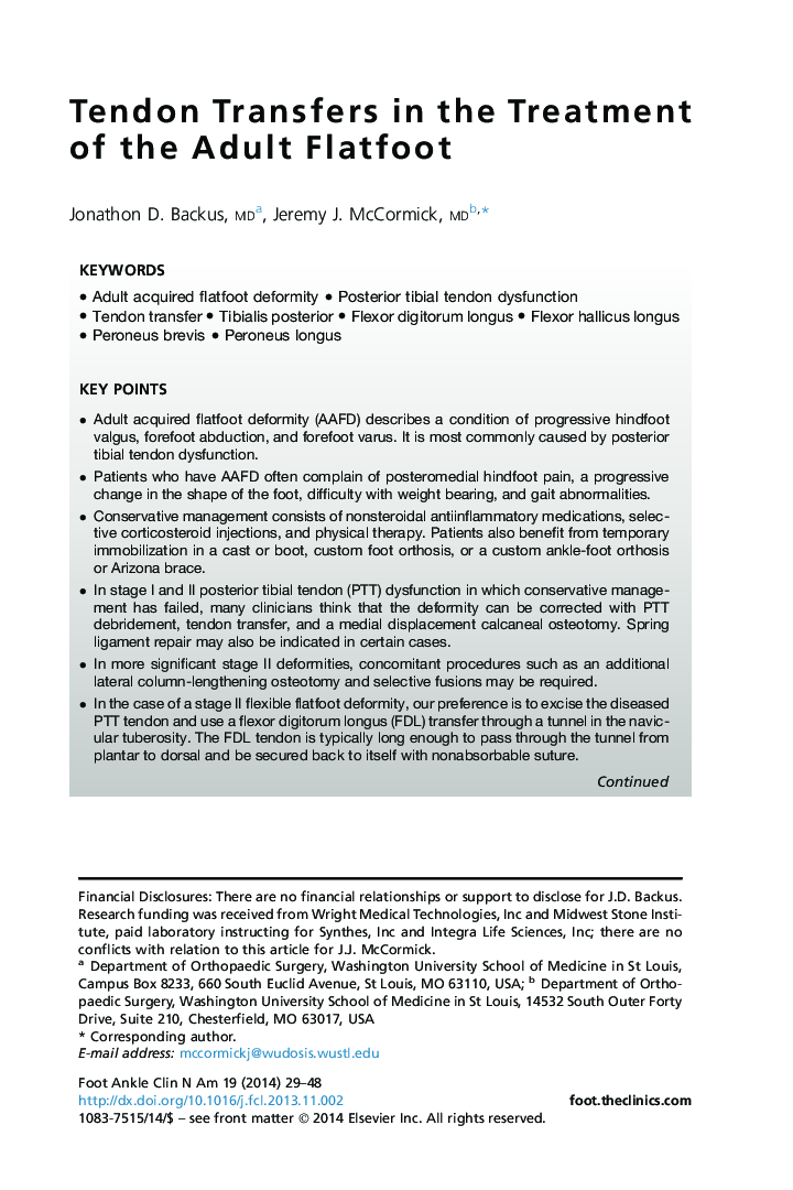 Tendon Transfers in the Treatment of the Adult Flatfoot