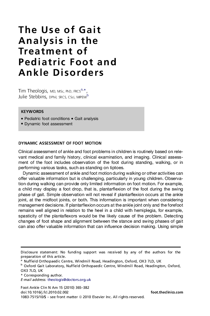 The Use of Gait Analysis in the Treatment of Pediatric Foot and Ankle Disorders