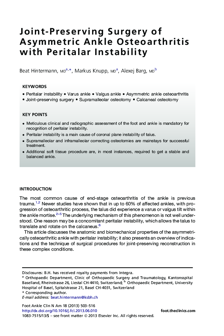 Joint-Preserving Surgery of Asymmetric Ankle Osteoarthritis with Peritalar Instability