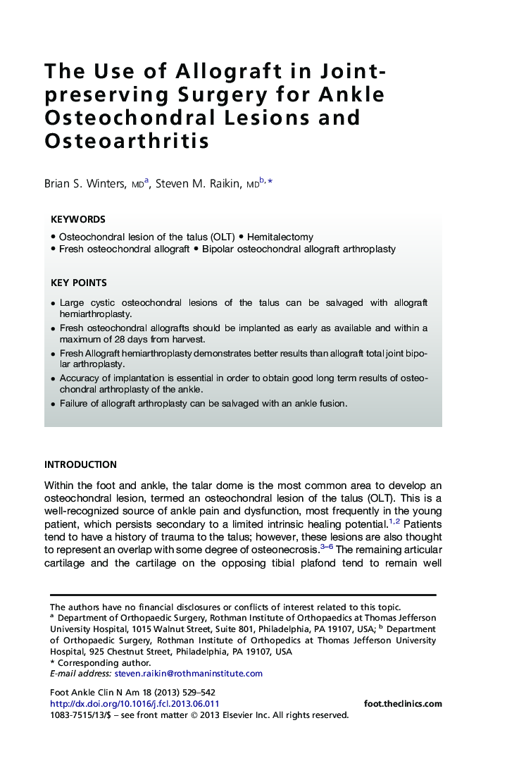 The Use of Allograft in Joint-preserving Surgery for Ankle Osteochondral Lesions and Osteoarthritis