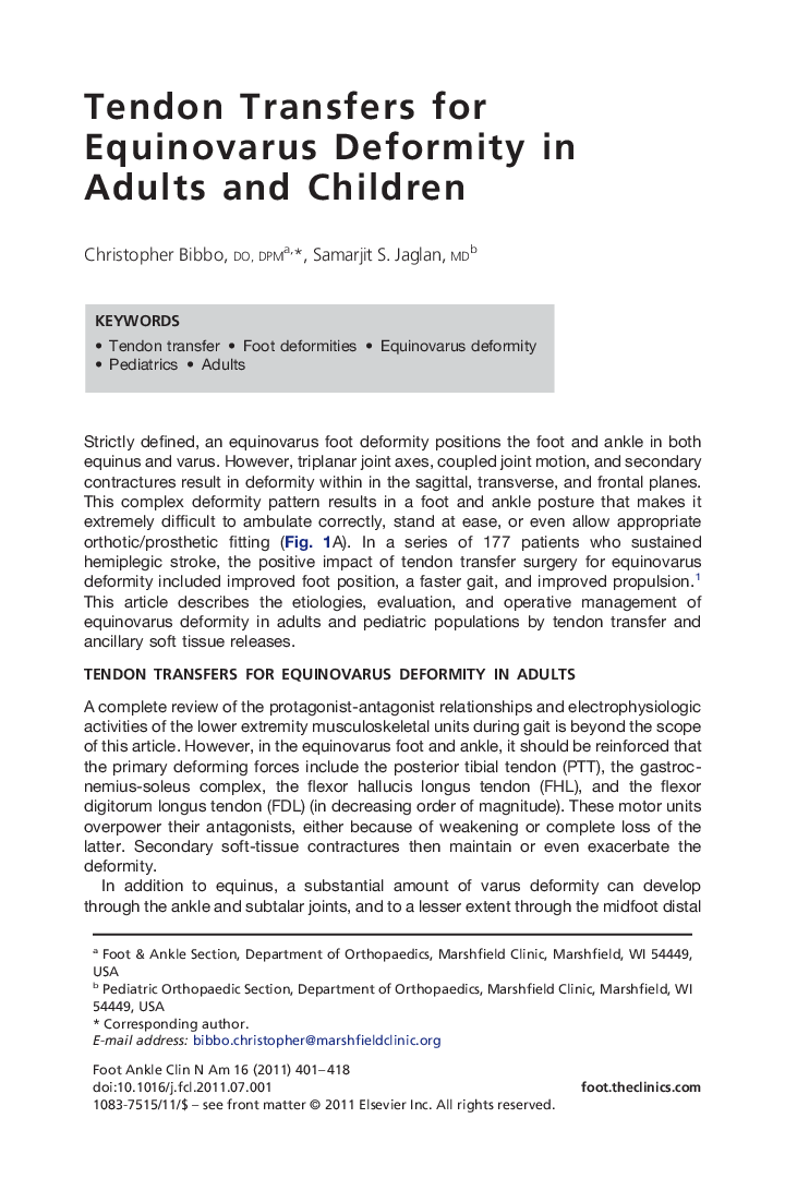 Tendon Transfers for Equinovarus Deformity in Adults and Children