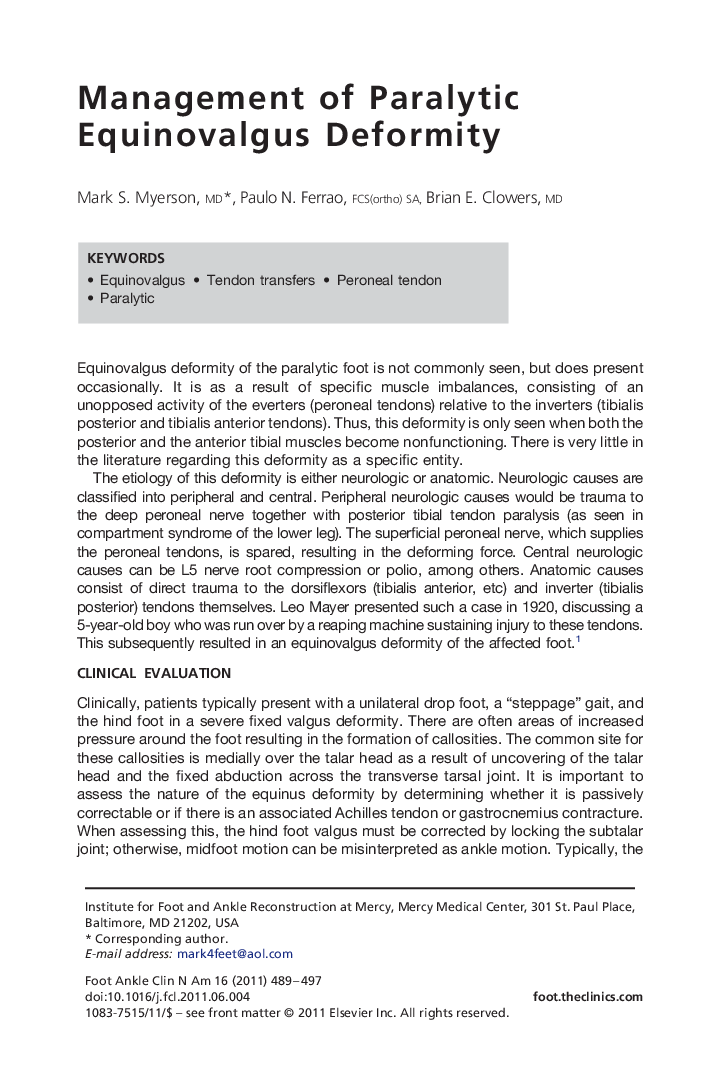 Management of Paralytic Equinovalgus Deformity