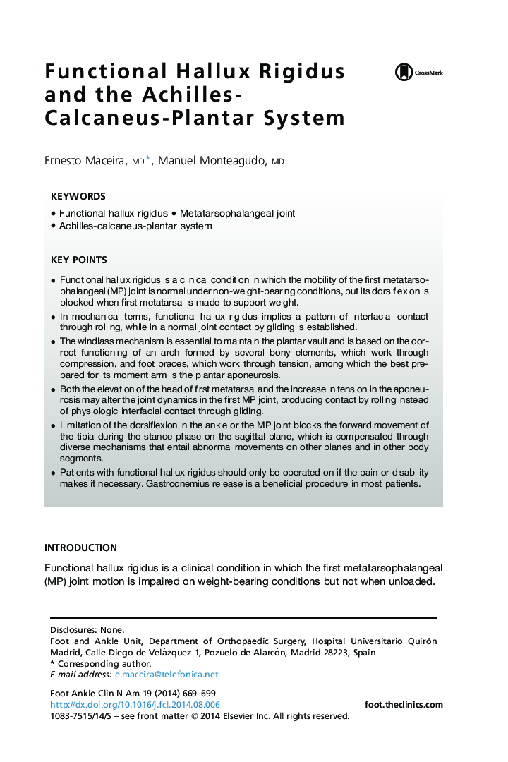 Functional Hallux Rigidus and the Achilles-Calcaneus-Plantar System