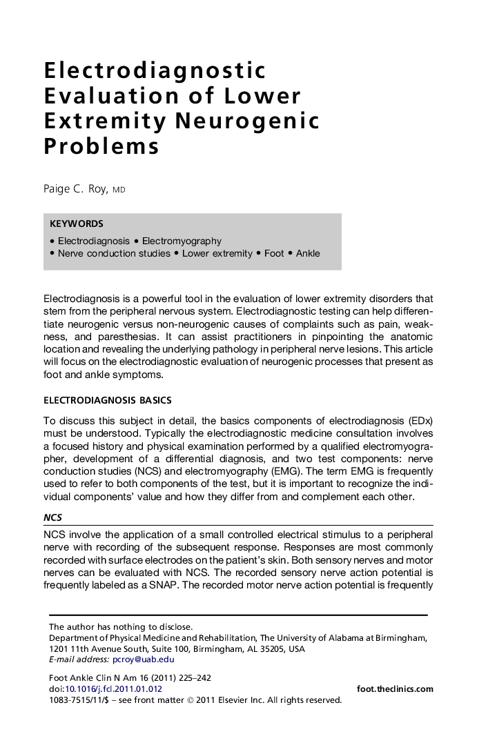 Electrodiagnostic Evaluation of Lower Extremity Neurogenic Problems