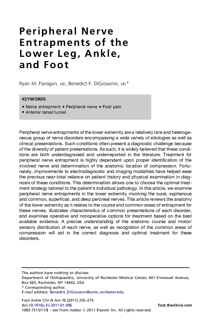 Peripheral Nerve Entrapments of the Lower Leg, Ankle, and Foot