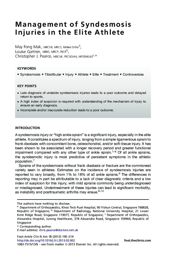 Management of Syndesmosis Injuries in the Elite Athlete