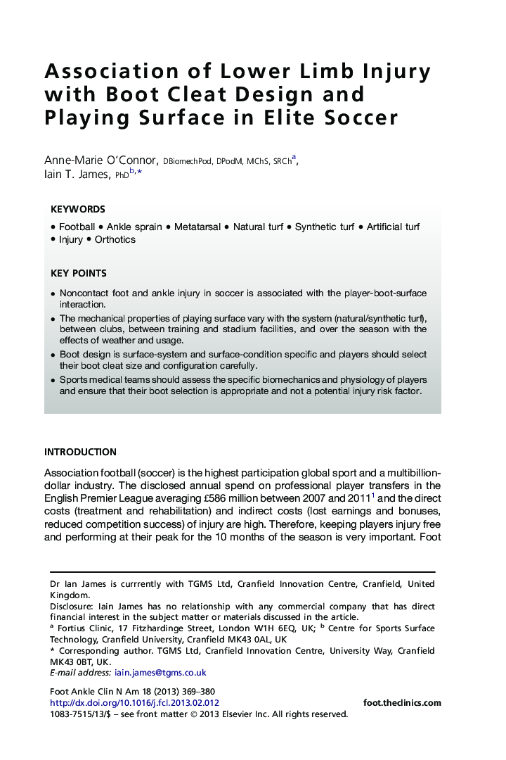 Association of Lower Limb Injury with Boot Cleat Design and Playing Surface in Elite Soccer