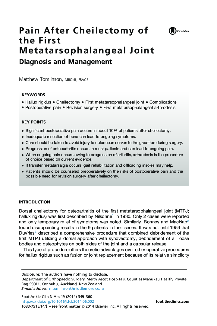 Pain After Cheilectomy of the First Metatarsophalangeal Joint