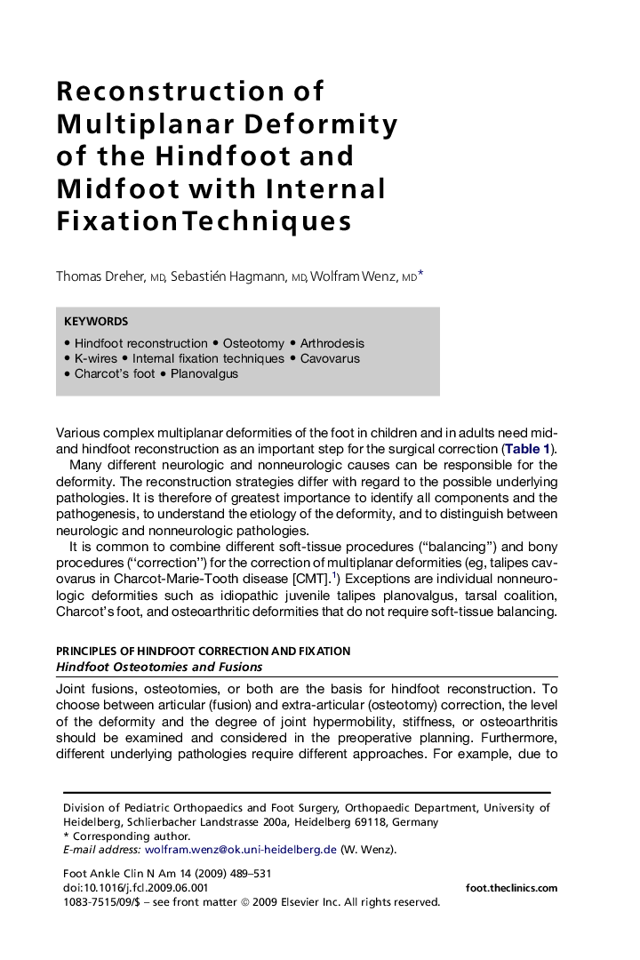 Reconstruction of Multiplanar Deformity of the Hindfoot and Midfoot with Internal Fixation Techniques