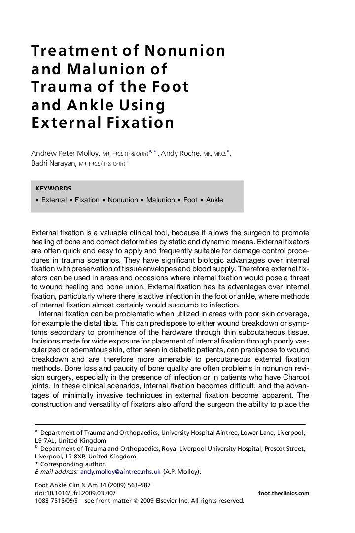 Treatment of Nonunion and Malunion of Trauma of the Foot and Ankle Using External Fixation