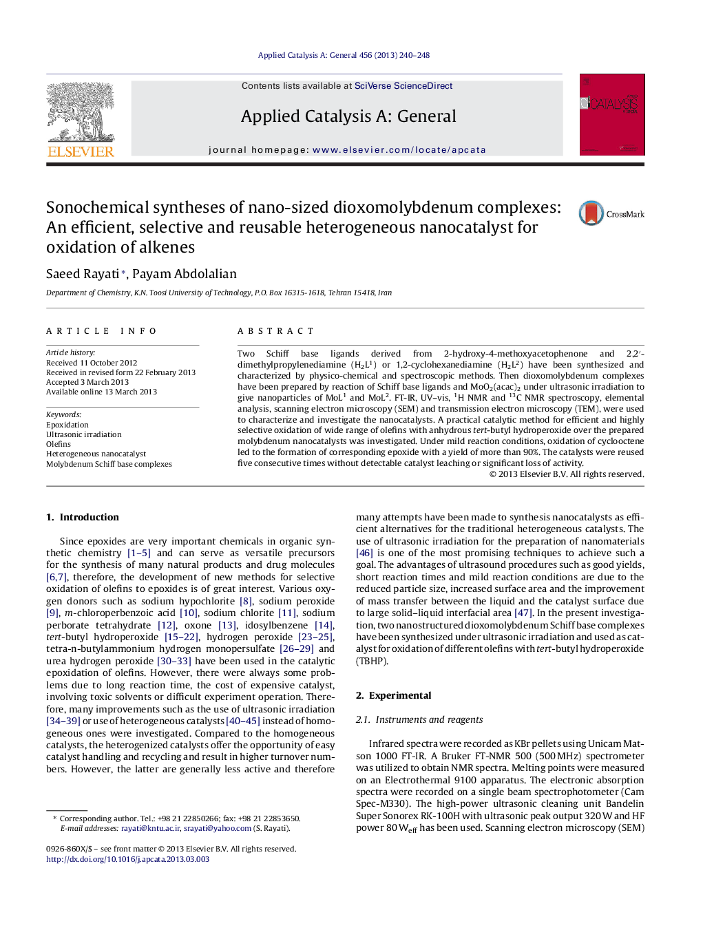 Sonochemical syntheses of nano-sized dioxomolybdenum complexes: An efficient, selective and reusable heterogeneous nanocatalyst for oxidation of alkenes