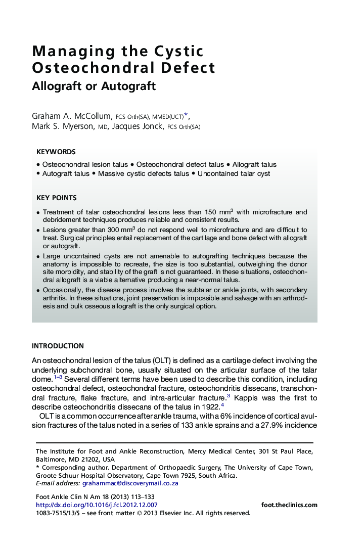Managing the Cystic Osteochondral Defect