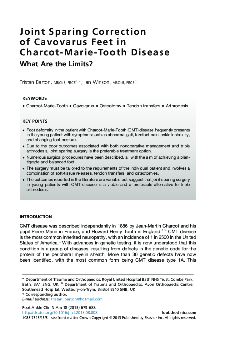 Joint Sparing Correction of Cavovarus Feet in Charcot-Marie-Tooth Disease