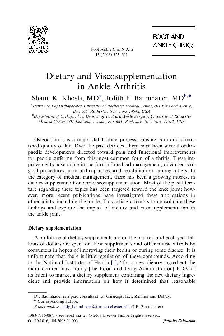 Dietary and Viscosupplementation in Ankle Arthritis 