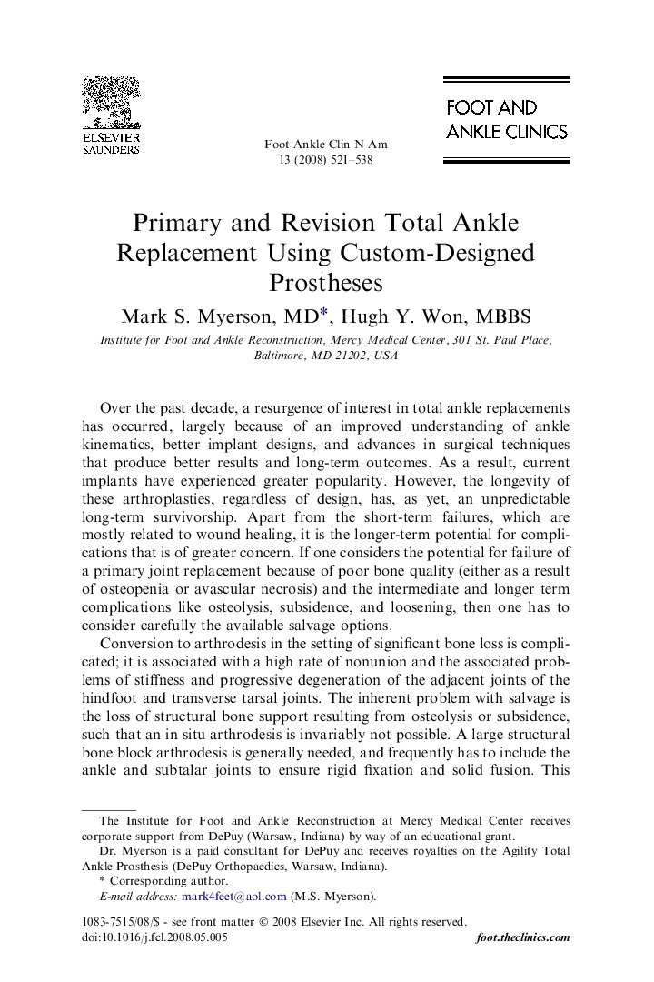 Primary and Revision Total Ankle Replacement Using Custom-Designed Prostheses 