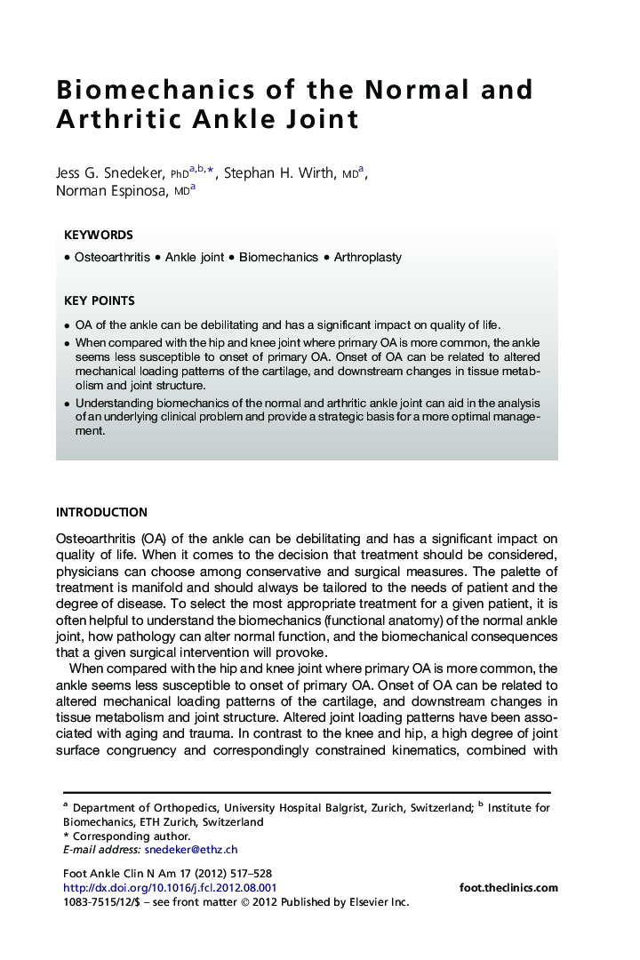 Biomechanics of the Normal and Arthritic Ankle Joint