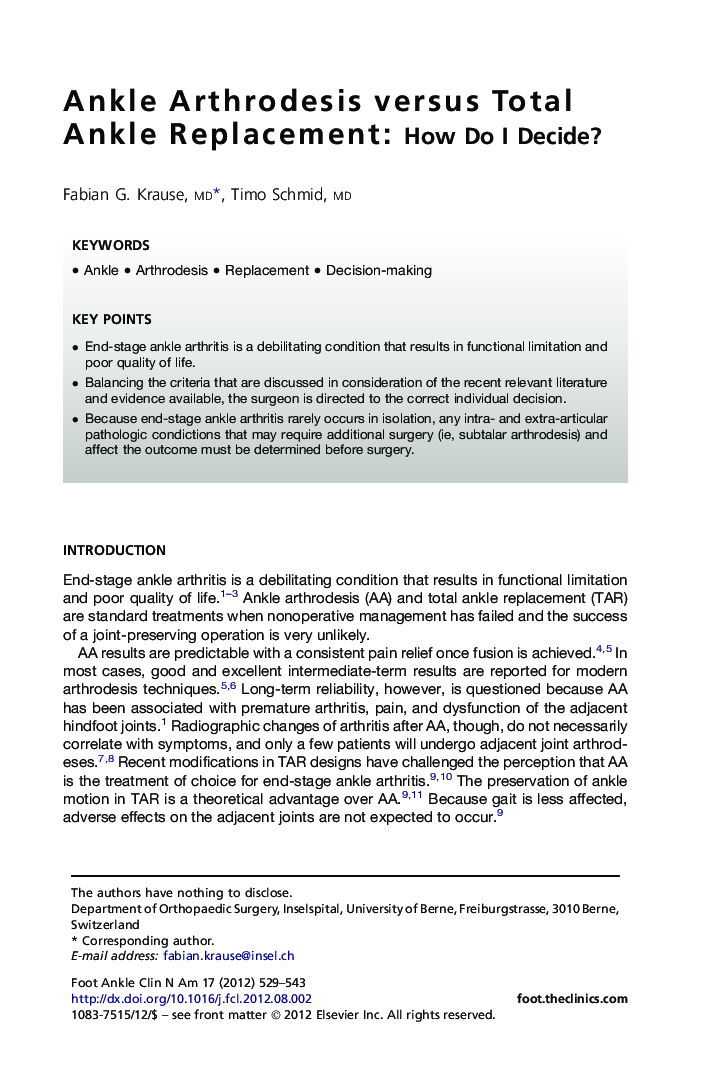 عکس صفحه اول مقاله: Ankle Arthrodesis versus Total Ankle Replacement Ankle Arthrodesis versus Total Ankle Replacement