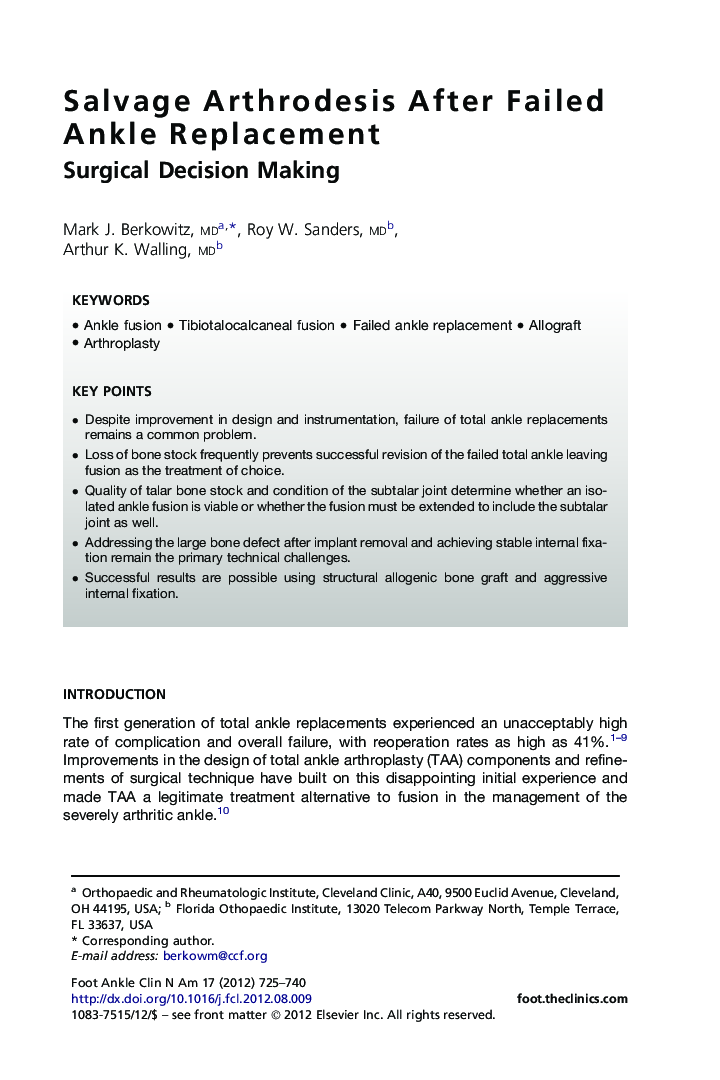 عکس صفحه اول مقاله: Salvage Arthrodesis After Failed Ankle Replacement Salvage Arthrodesis After Failed Ankle Replacement