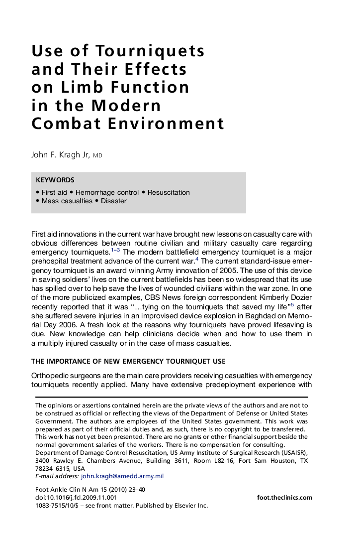 Use of Tourniquets and Their Effects on Limb Function in the Modern Combat Environment