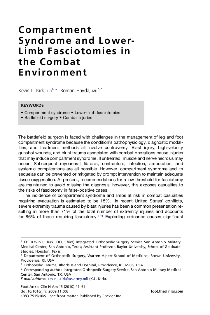 Compartment Syndrome and Lower-Limb Fasciotomies in the Combat Environment