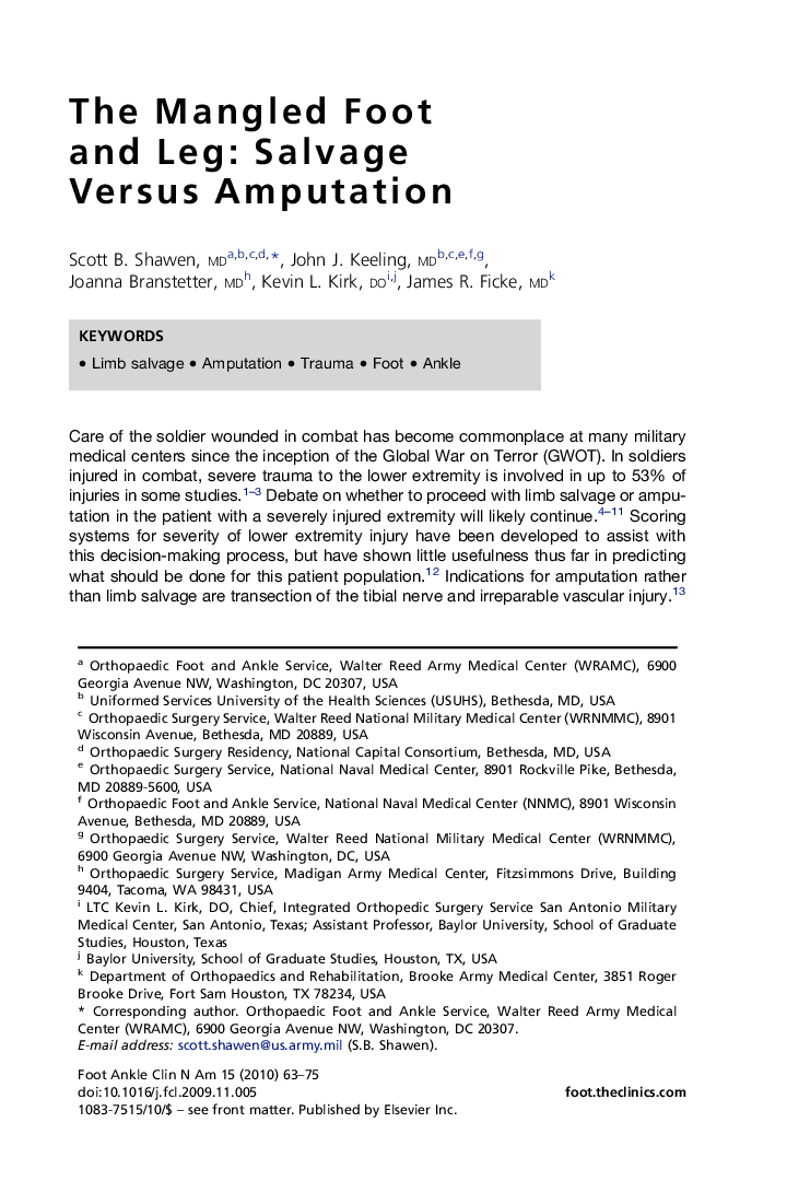 The Mangled Foot and Leg: Salvage Versus Amputation