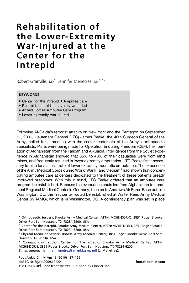 Rehabilitation of the Lower-Extremity War-Injured at the Center for the Intrepid