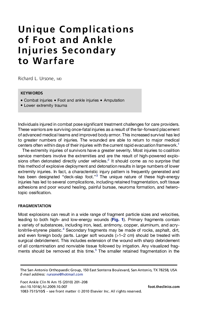 Unique Complications of Foot and Ankle Injuries Secondary toÂ Warfare