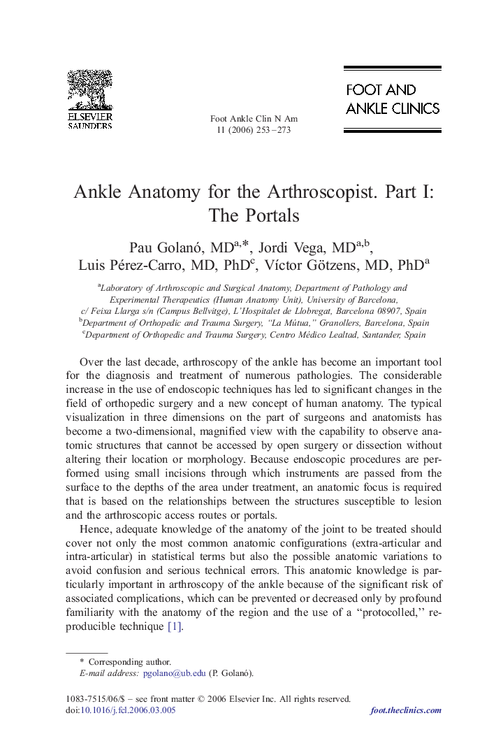 Ankle Anatomy for the Arthroscopist. Part I: The Portals