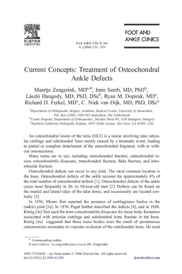 Current Concepts: Treatment of Osteochondral Ankle Defects