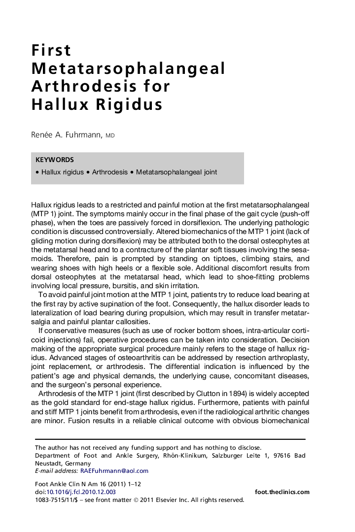 First Metatarsophalangeal Arthrodesis for Hallux Rigidus