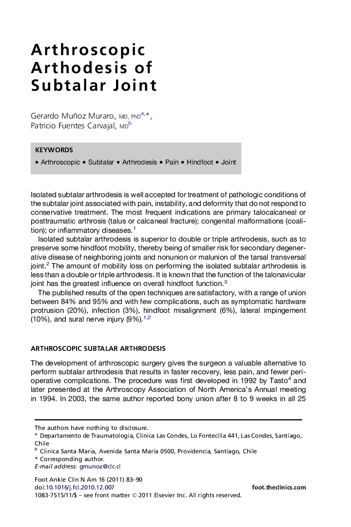 Arthroscopic Arthodesis of Subtalar Joint