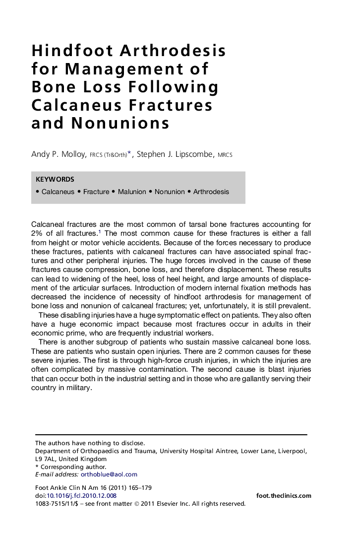 Hindfoot Arthrodesis for Management of Bone Loss Following Calcaneus Fractures and Nonunions