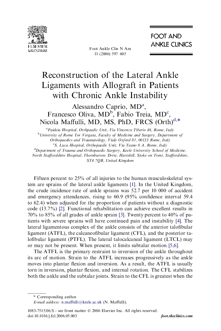 Reconstruction of the Lateral Ankle Ligaments with Allograft in Patients with Chronic Ankle Instability