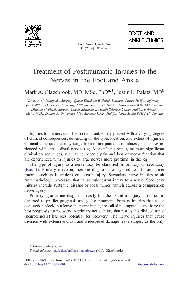 Treatment of Posttraumatic Injuries to the Nerves in the Foot and Ankle