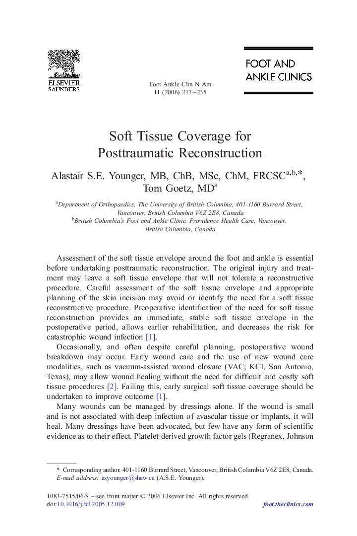 Soft Tissue Coverage for Posttraumatic Reconstruction