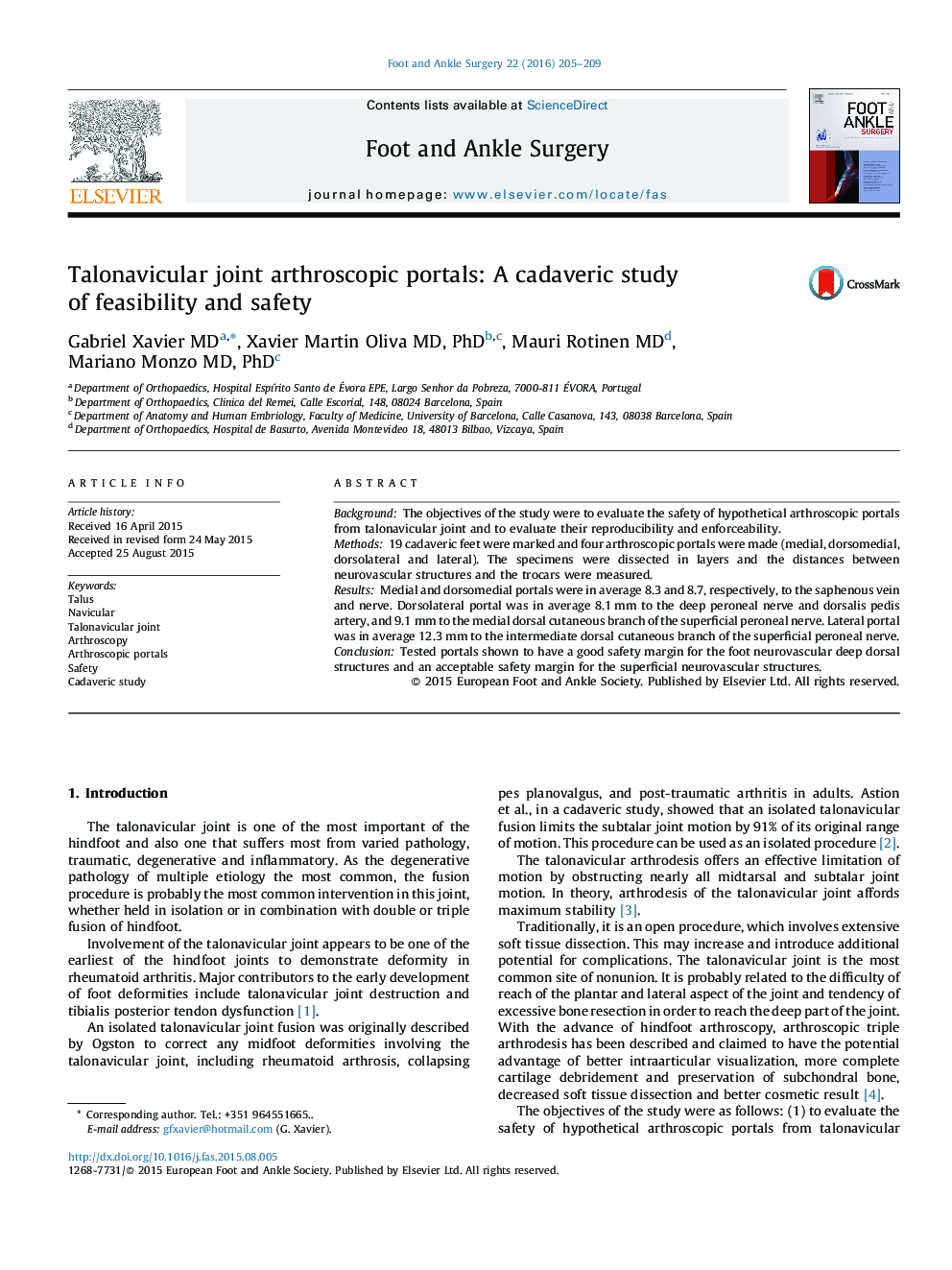 Talonavicular joint arthroscopic portals: A cadaveric study of feasibility and safety