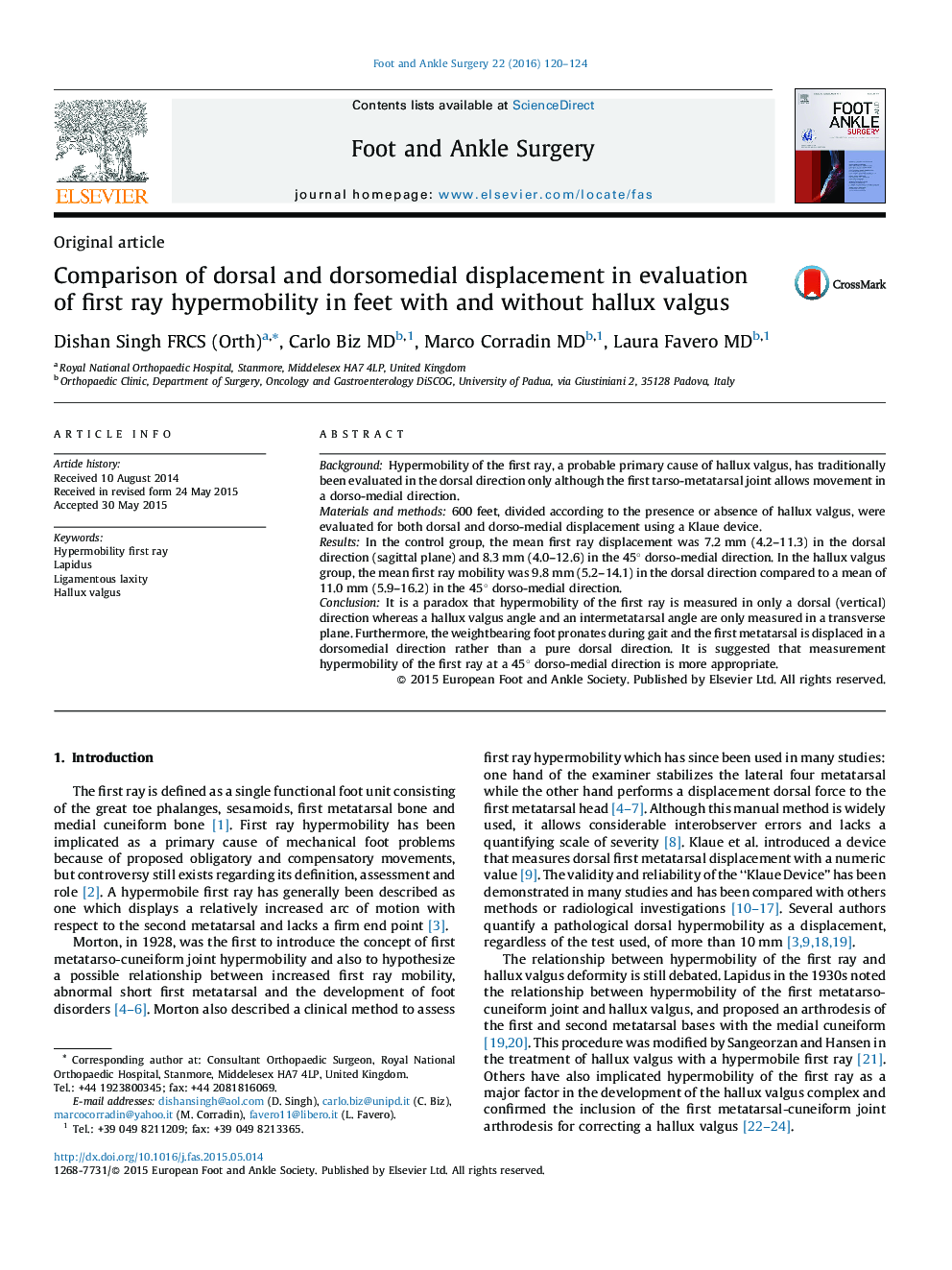 Comparison of dorsal and dorsomedial displacement in evaluation of first ray hypermobility in feet with and without hallux valgus