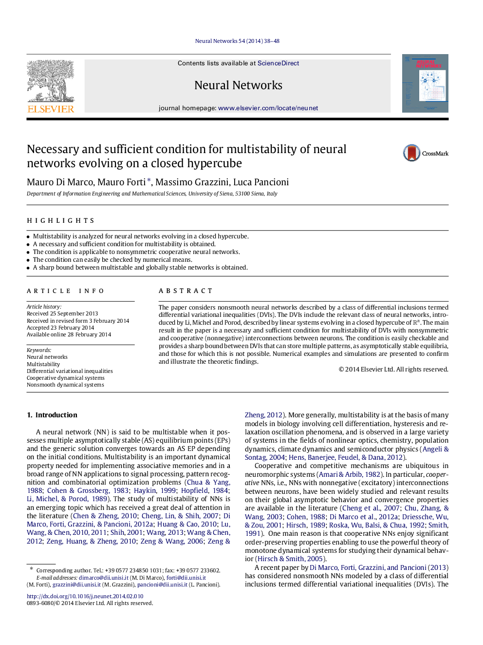 Necessary and sufficient condition for multistability of neural networks evolving on a closed hypercube