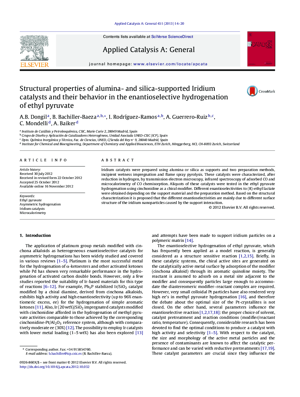 Structural properties of alumina- and silica-supported Iridium catalysts and their behavior in the enantioselective hydrogenation of ethyl pyruvate