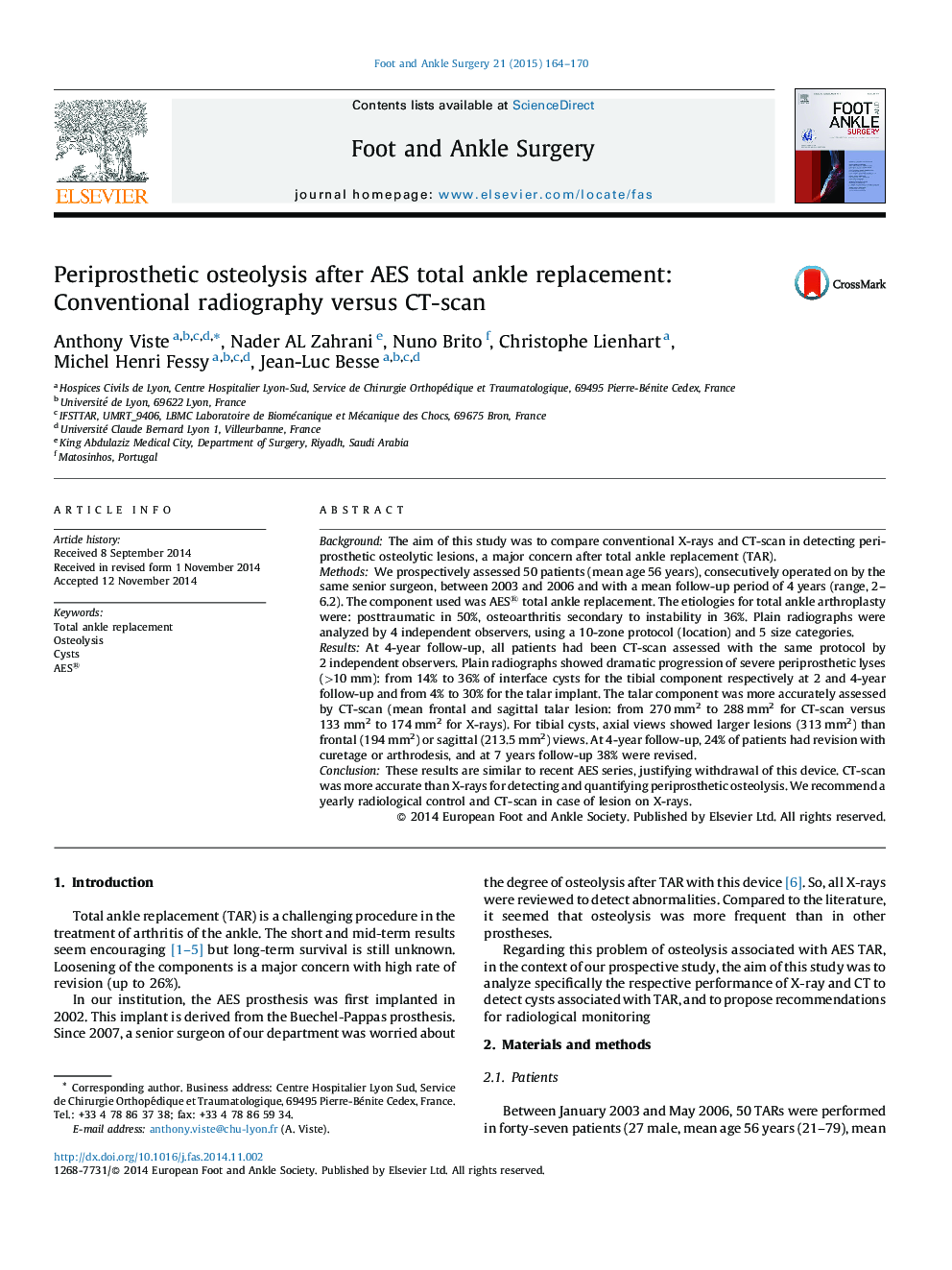 Periprosthetic osteolysis after AES total ankle replacement: Conventional radiography versus CT-scan