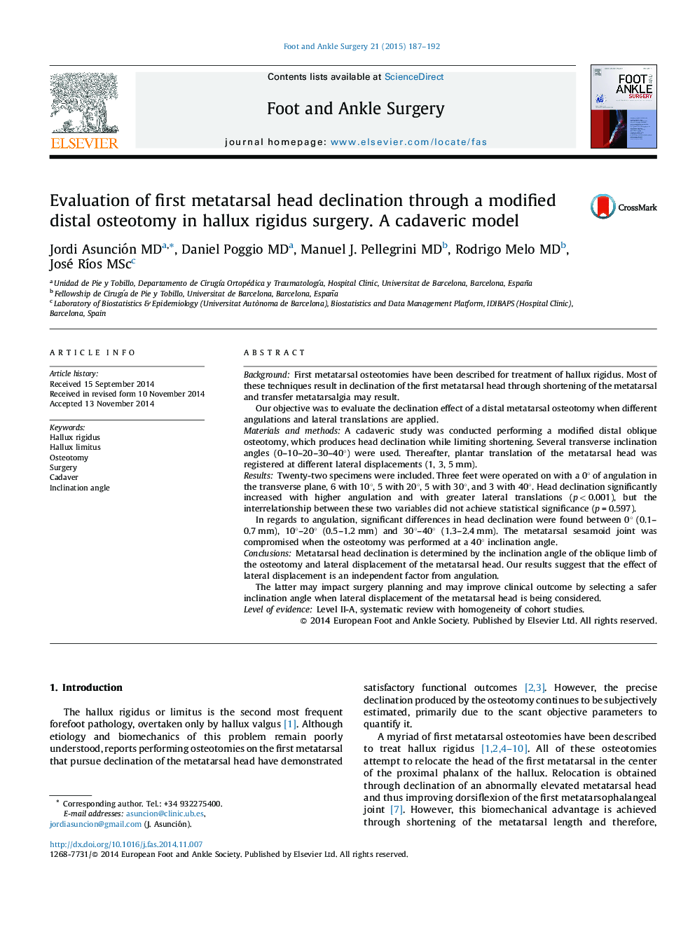 Evaluation of first metatarsal head declination through a modified distal osteotomy in hallux rigidus surgery. A cadaveric model