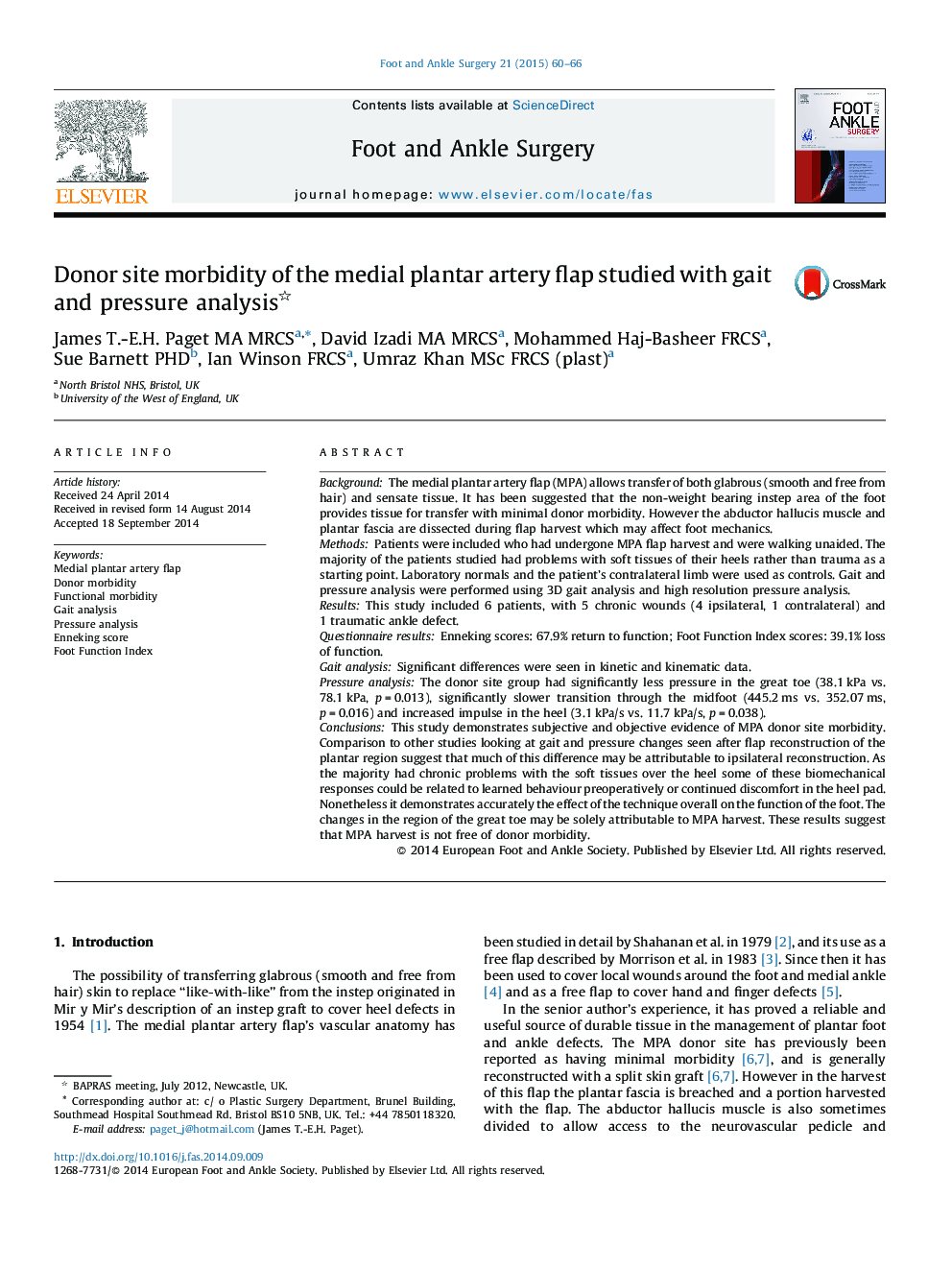 Donor site morbidity of the medial plantar artery flap studied with gait and pressure analysis 