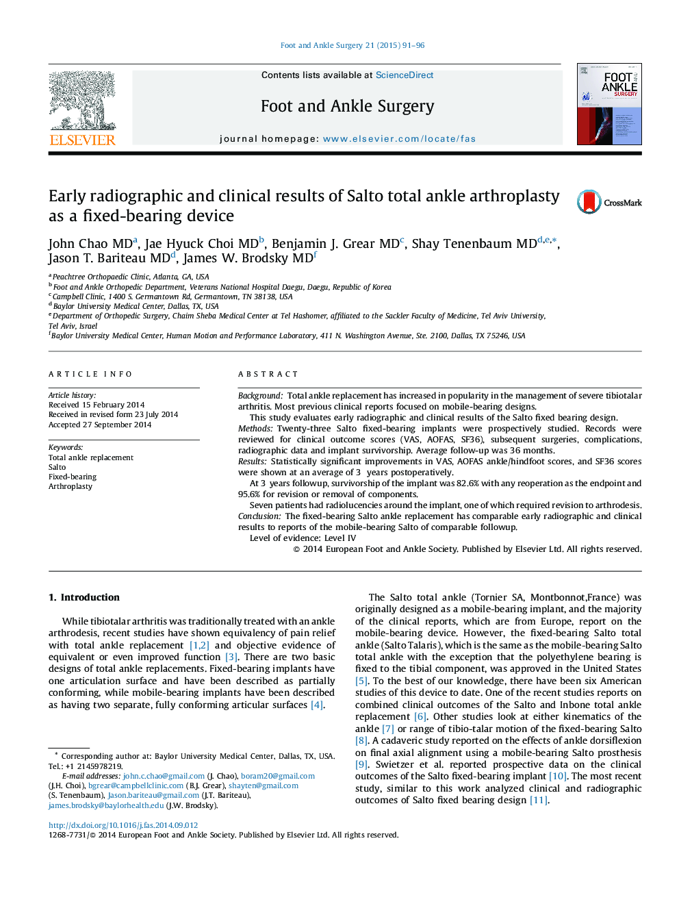 Early radiographic and clinical results of Salto total ankle arthroplasty as a fixed-bearing device
