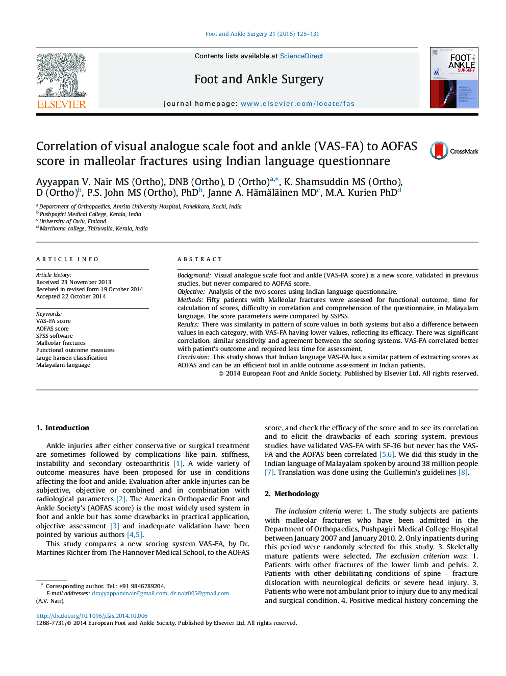 Correlation of visual analogue scale foot and ankle (VAS-FA) to AOFAS score in malleolar fractures using Indian language questionnare