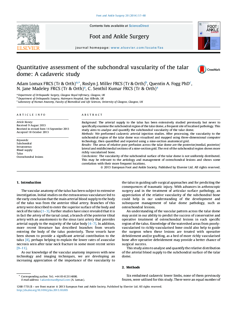 Quantitative assessment of the subchondral vascularity of the talar dome: A cadaveric study